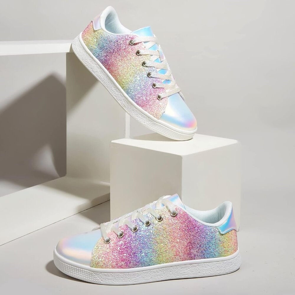 Women's Purple Multi Glitter Shoes Sparkly Bling Shiny Bedazzled Lace Up Sneaker - Picture 3 of 9